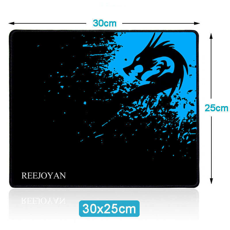 Mouse pad with blue dragon design and REEJOYAN branding, showing dimensions.