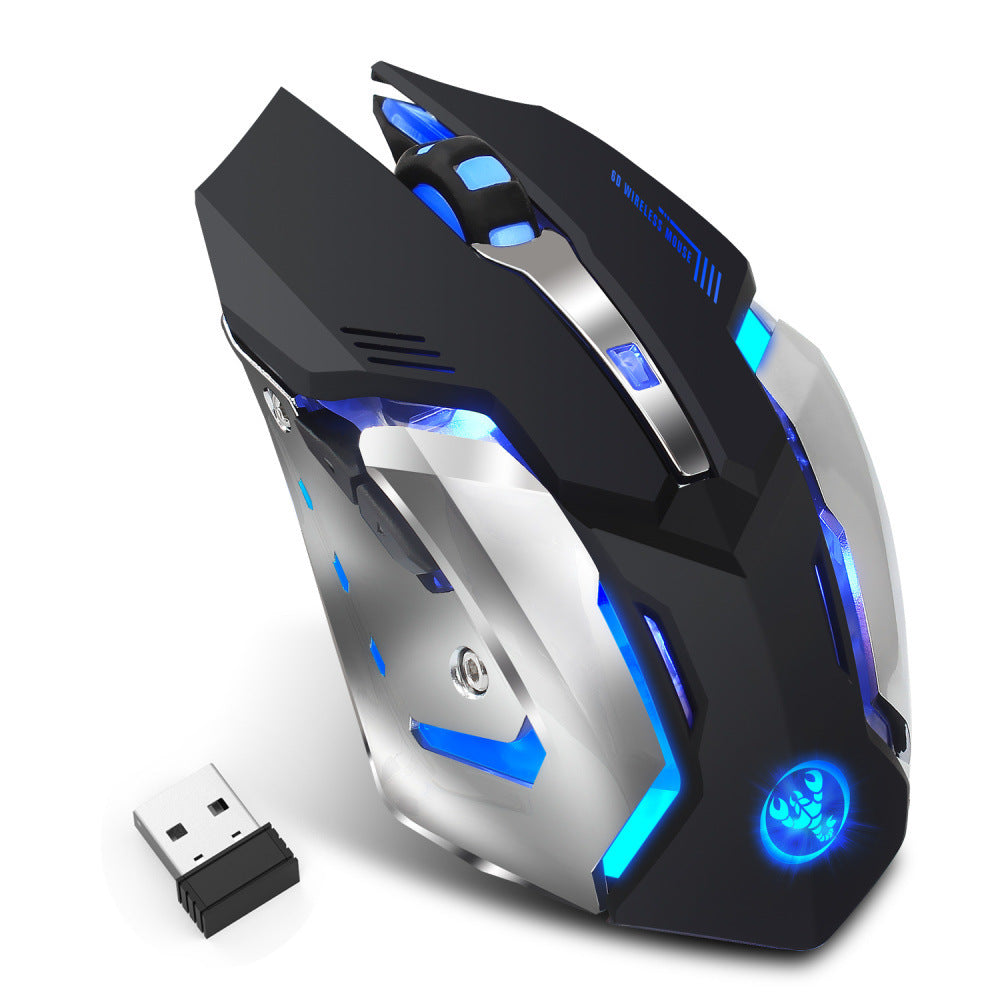 Gaming mouse with blue LED lights and a USB receiver on a white background