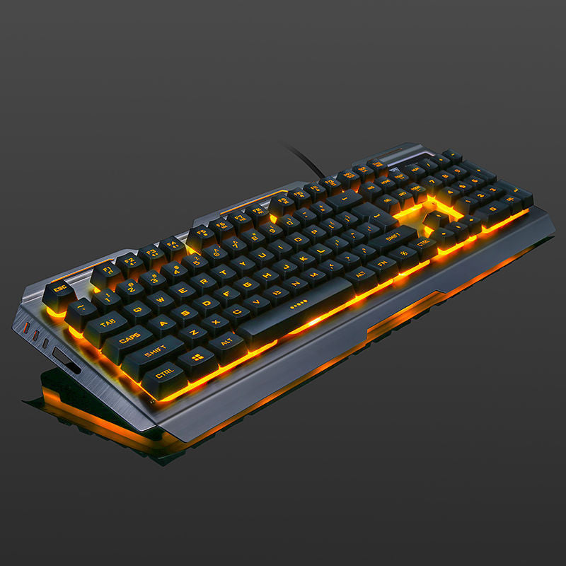 Gaming keyboard with orange backlighting on a dark background
