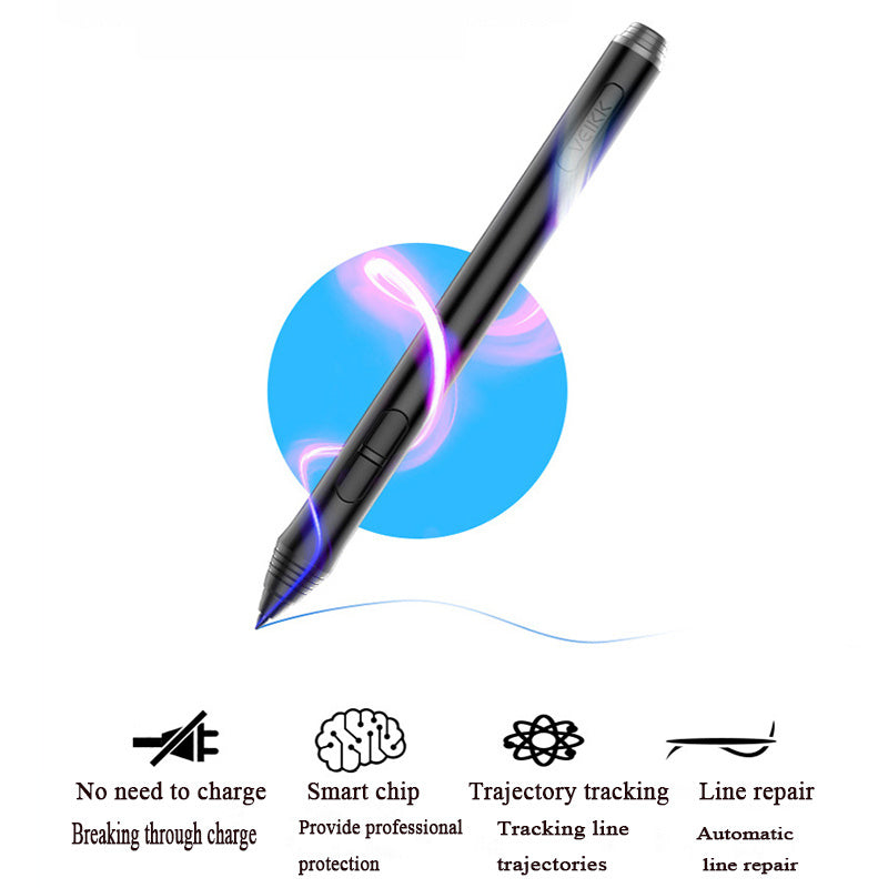 Black electronic pen with blue light on a white background, featuring icons and text about its features.