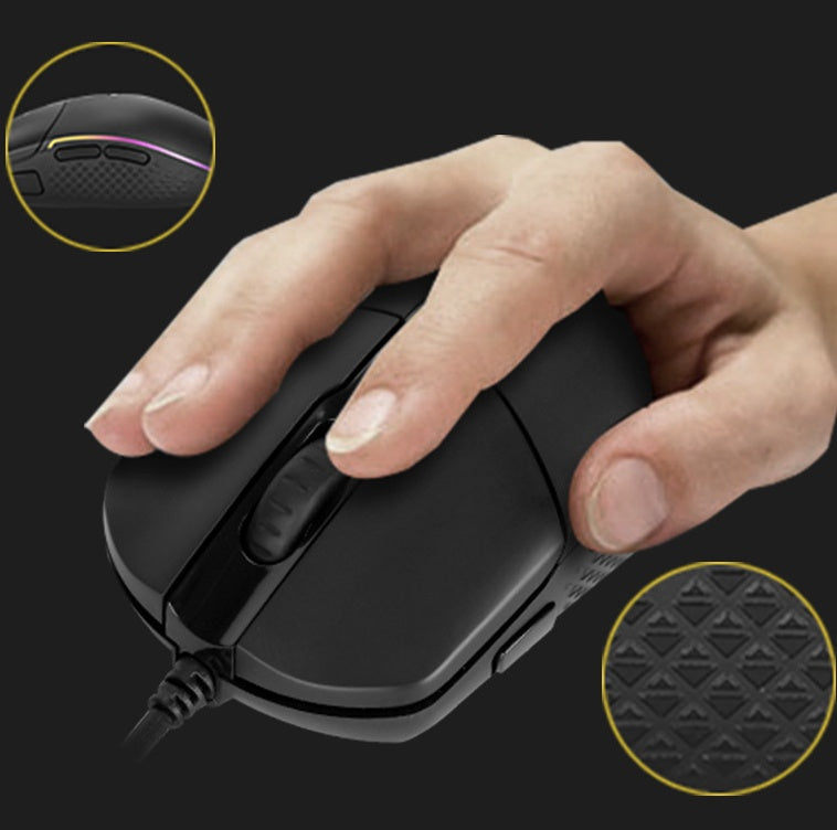 Hand holding a black gaming mouse with close-up details on a dark background