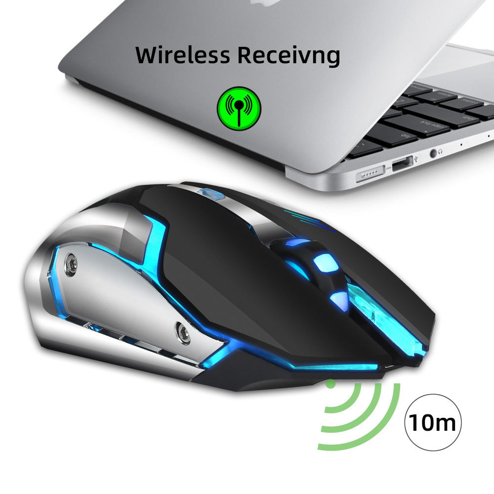 Wireless mouse with laptop on a white background, highlighting wireless receiving feature.