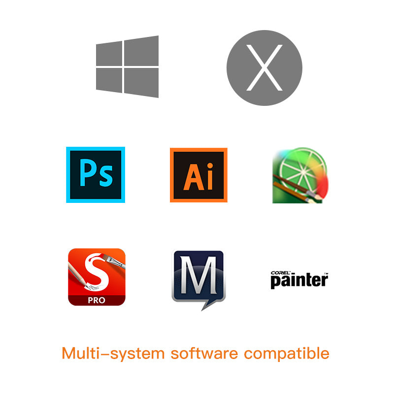 Collection of software icons including Windows, Adobe Creative Suite, and Corel Painter on a white background.