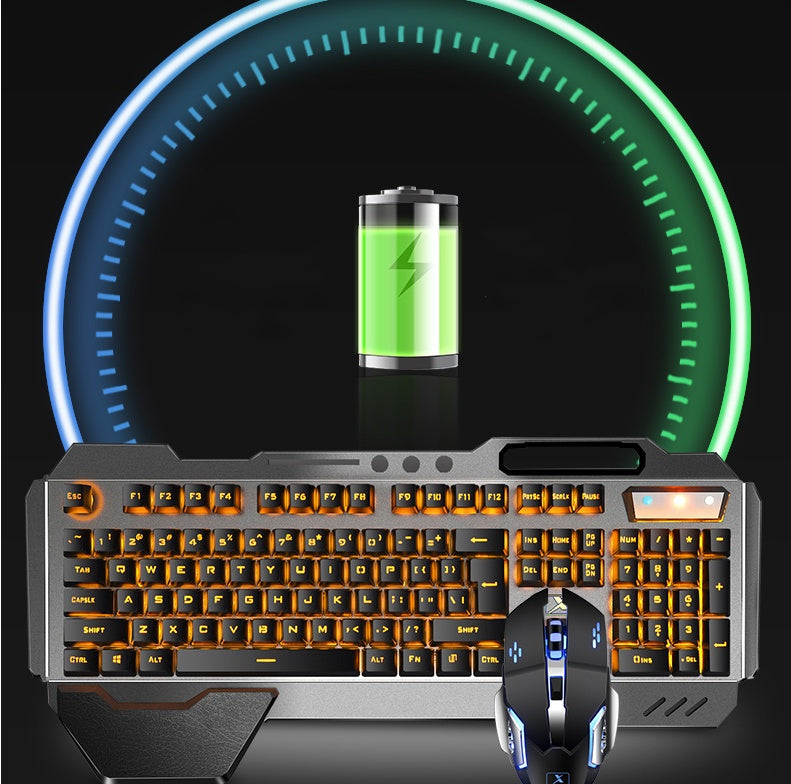 Gaming keyboard and mouse set with a glowing ring and battery icon in the background
