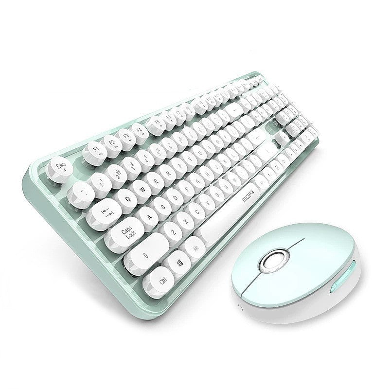 Teal and white keyboard with matching mouse on a white background