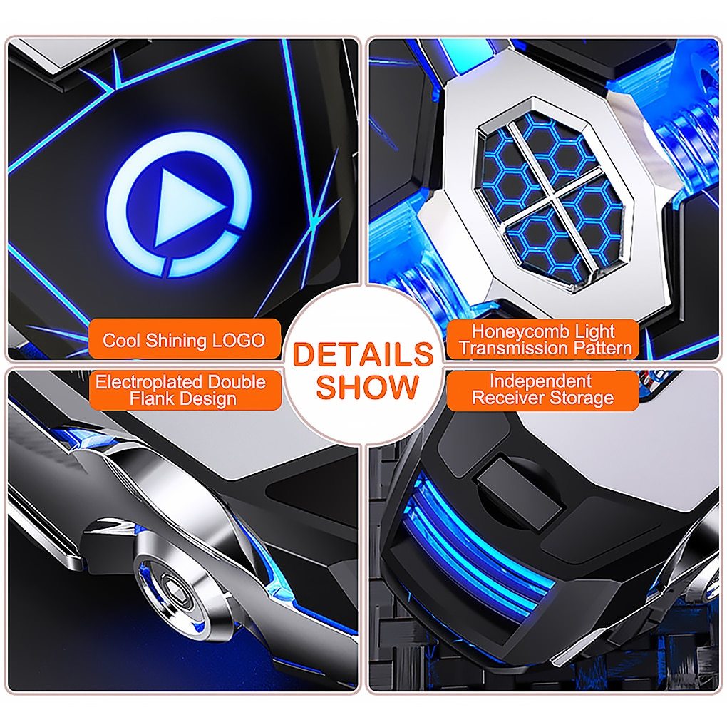 Product details with glowing blue elements and text on a white background