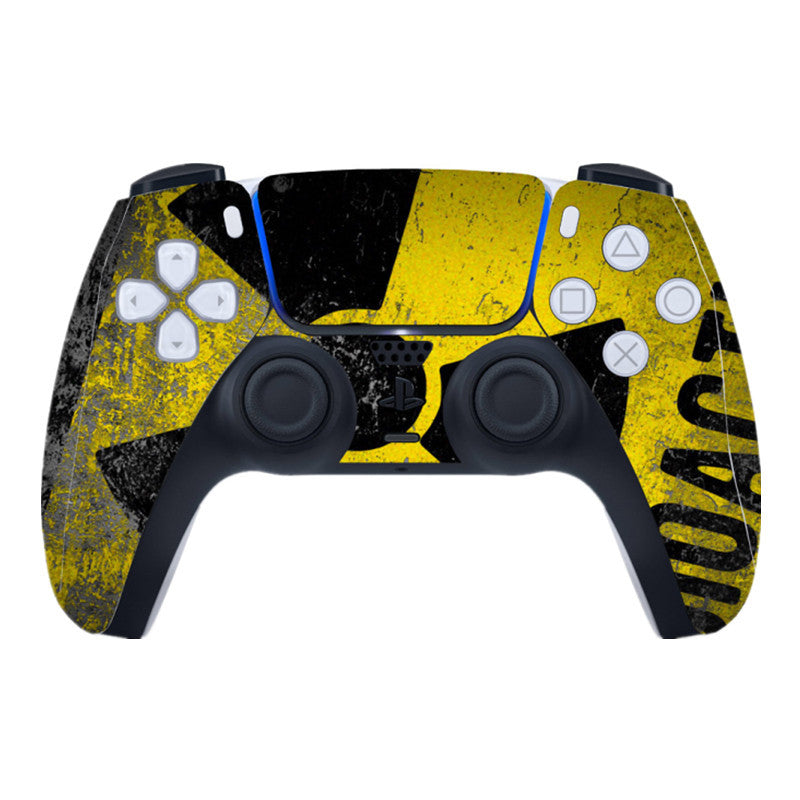 Gaming controller with yellow and black distressed design on a white background
