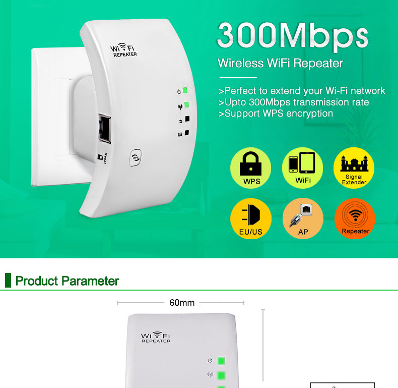 White wireless WiFi repeater with features and specifications on a green background