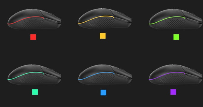 Set of black gaming mice with colored lights on a black background