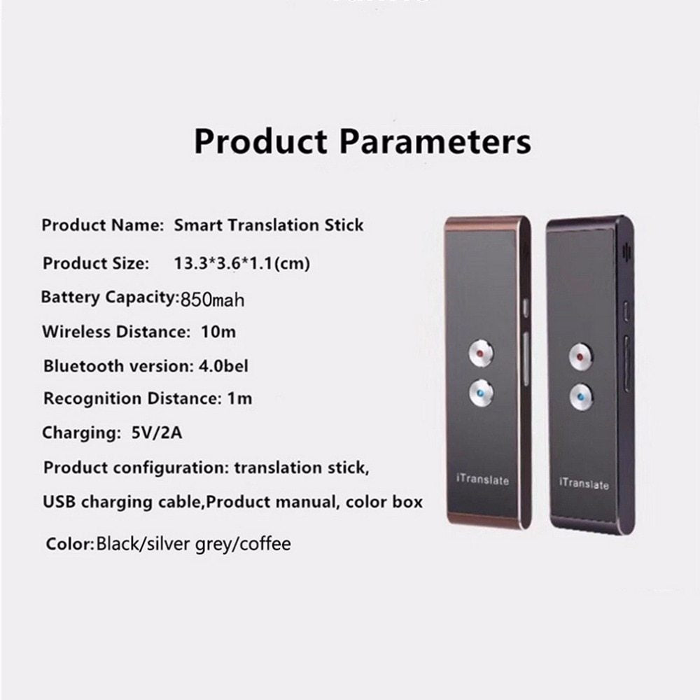 Smart translation stick with product parameters on a white background