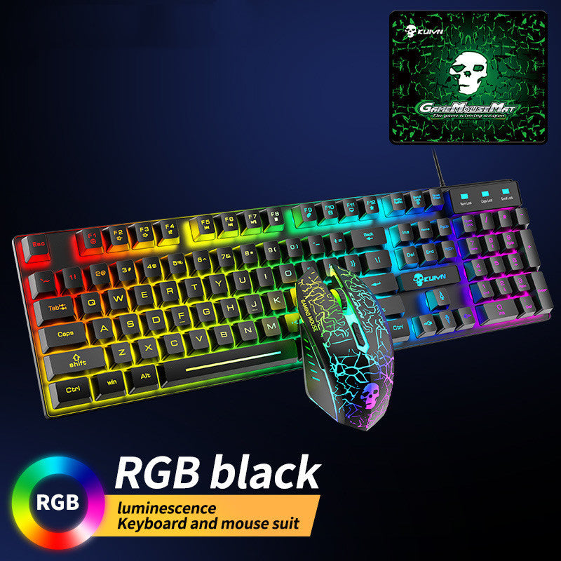RGB black keyboard and mouse set with a mouse pad on a dark background