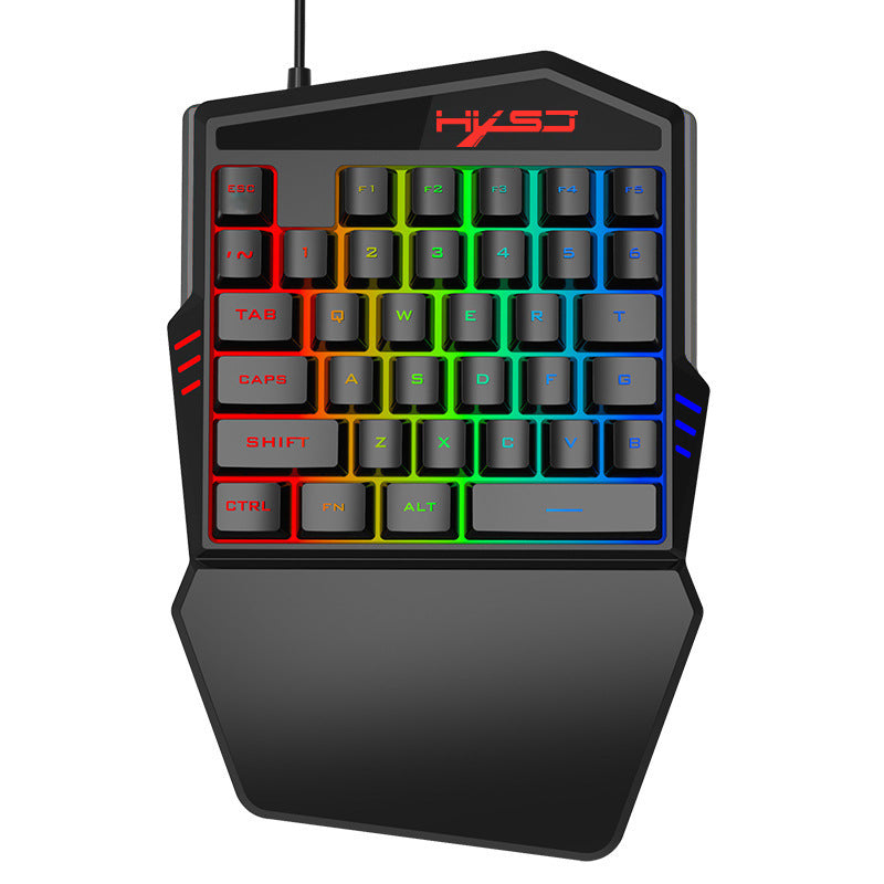 Single-handed gaming keyboard with RGB backlighting on a white background