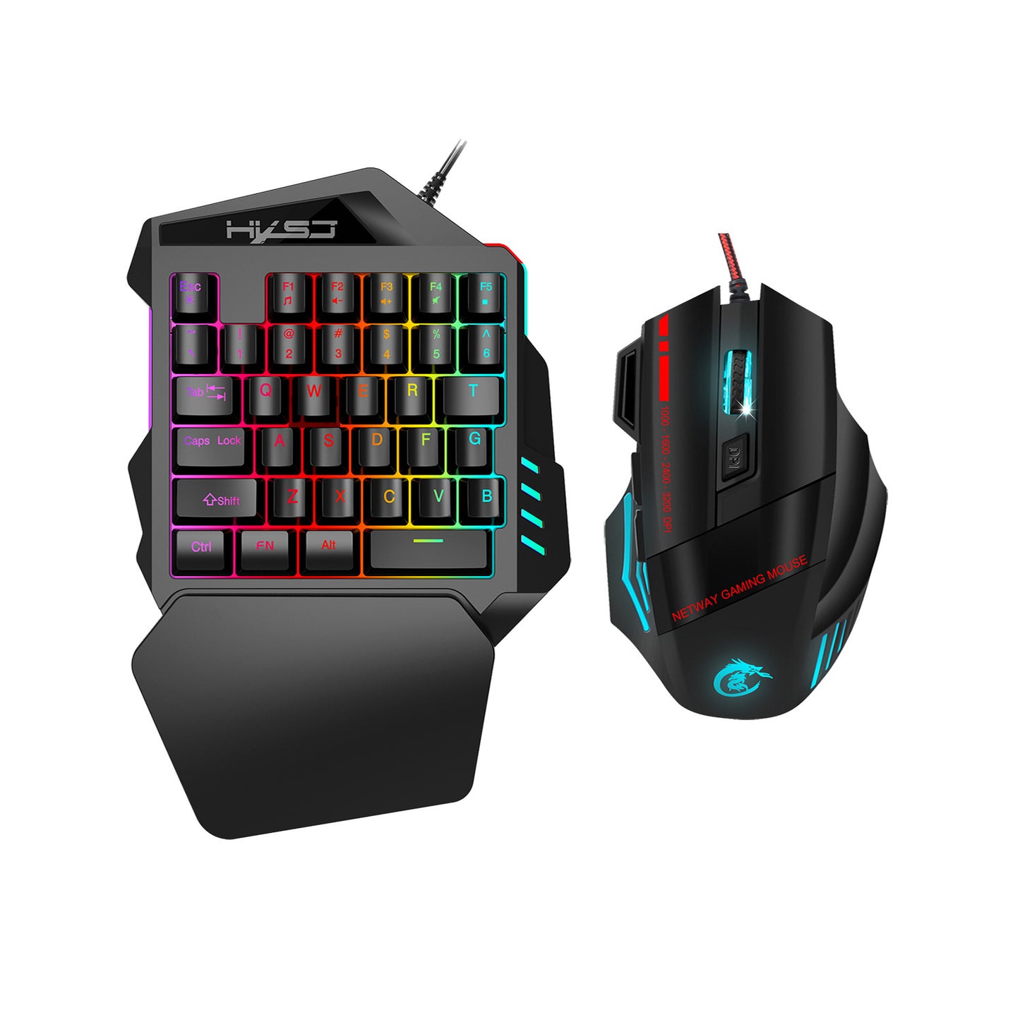 Gaming keyboard and mouse set with RGB lighting on a white background