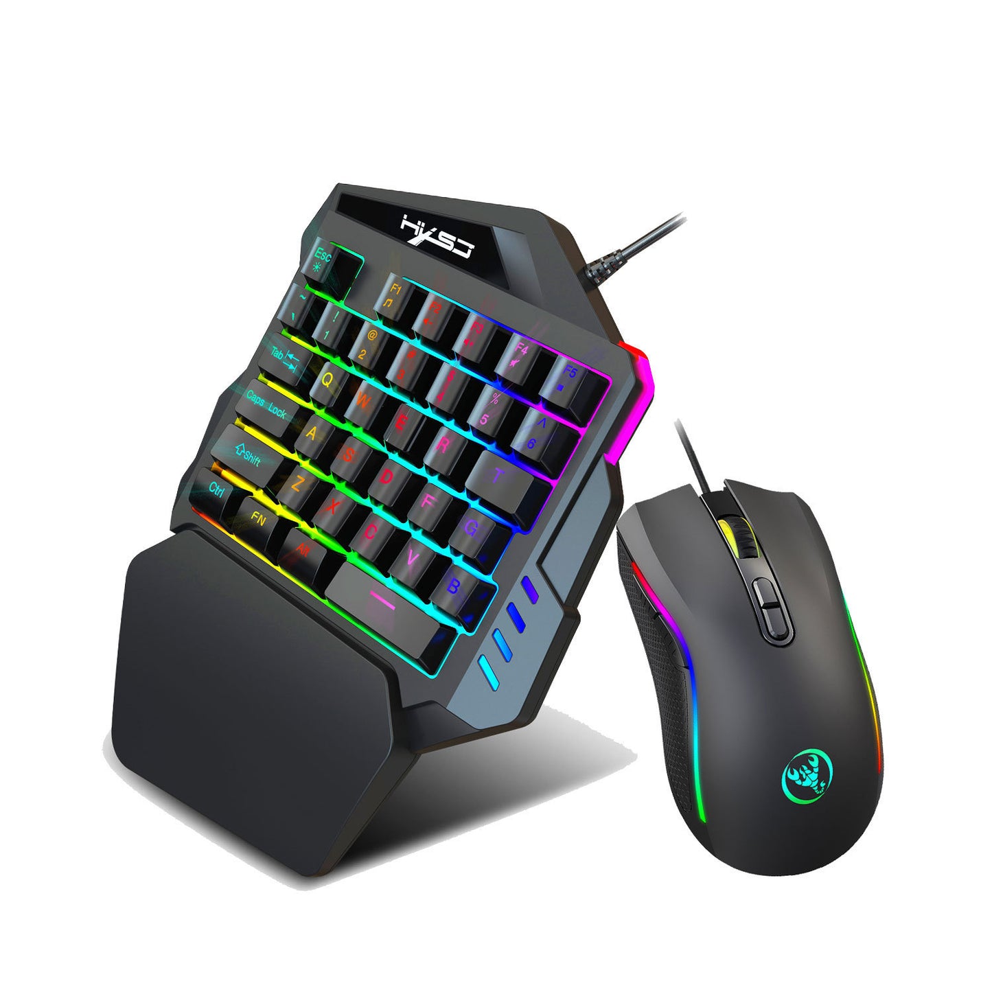 Gaming keyboard and mouse set with RGB lighting on a white background