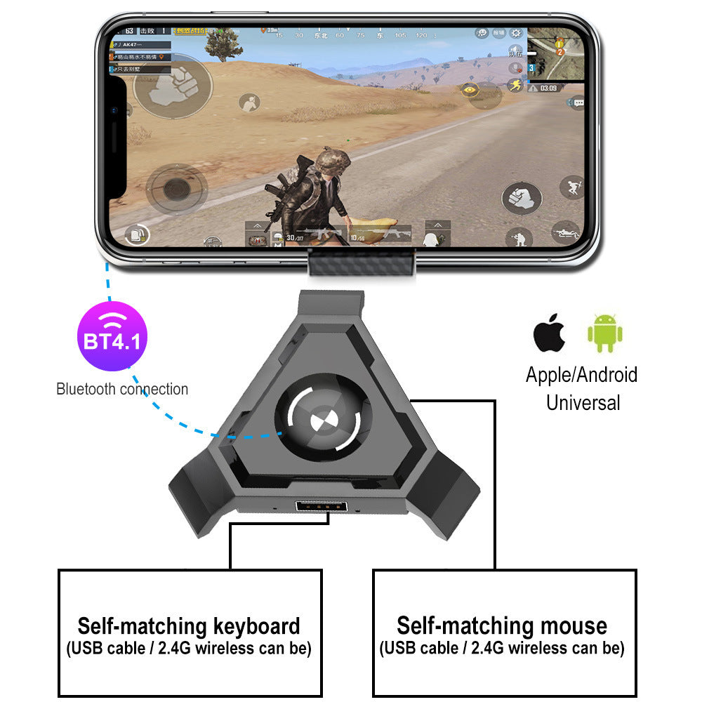 Phone with game displayed, Bluetooth receiver, and text indicating compatibility with Apple/Android devices.
