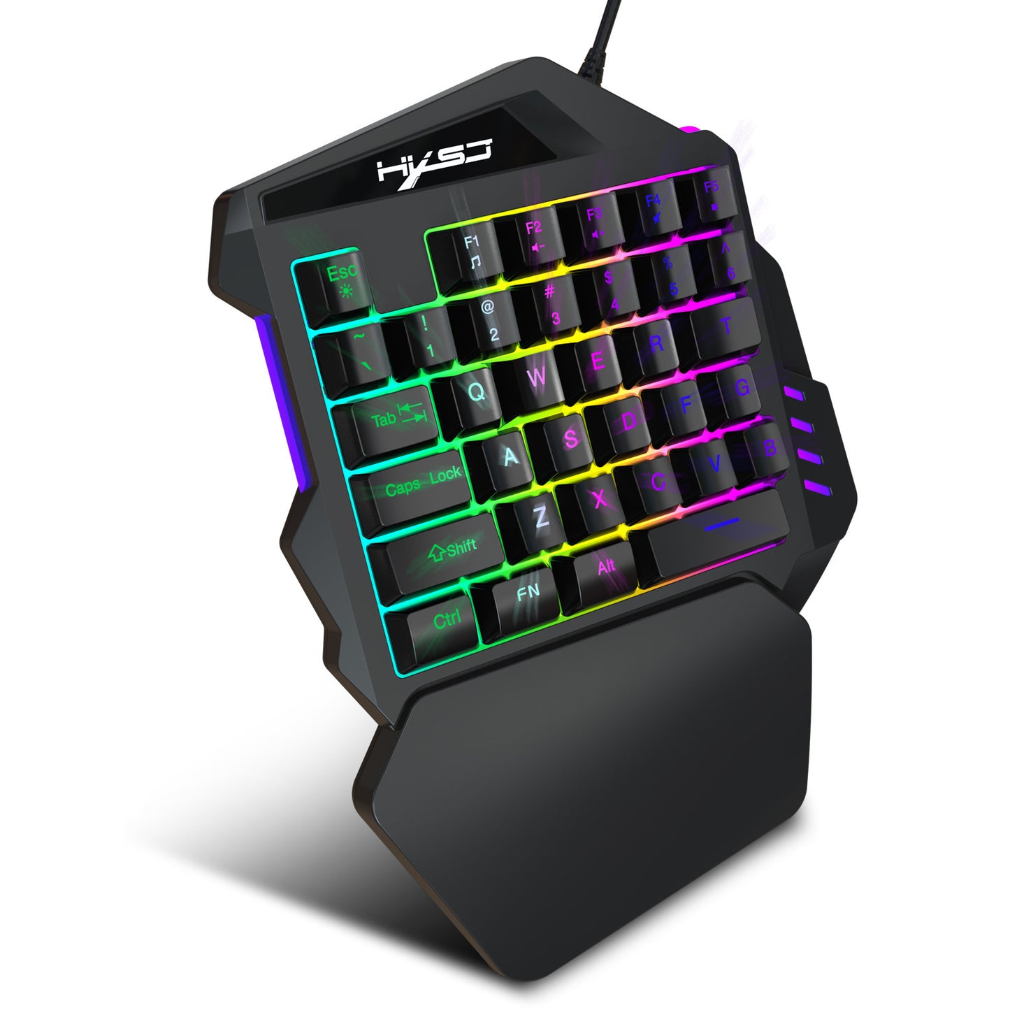 Single-handed keyboard with RGB lighting on a white background