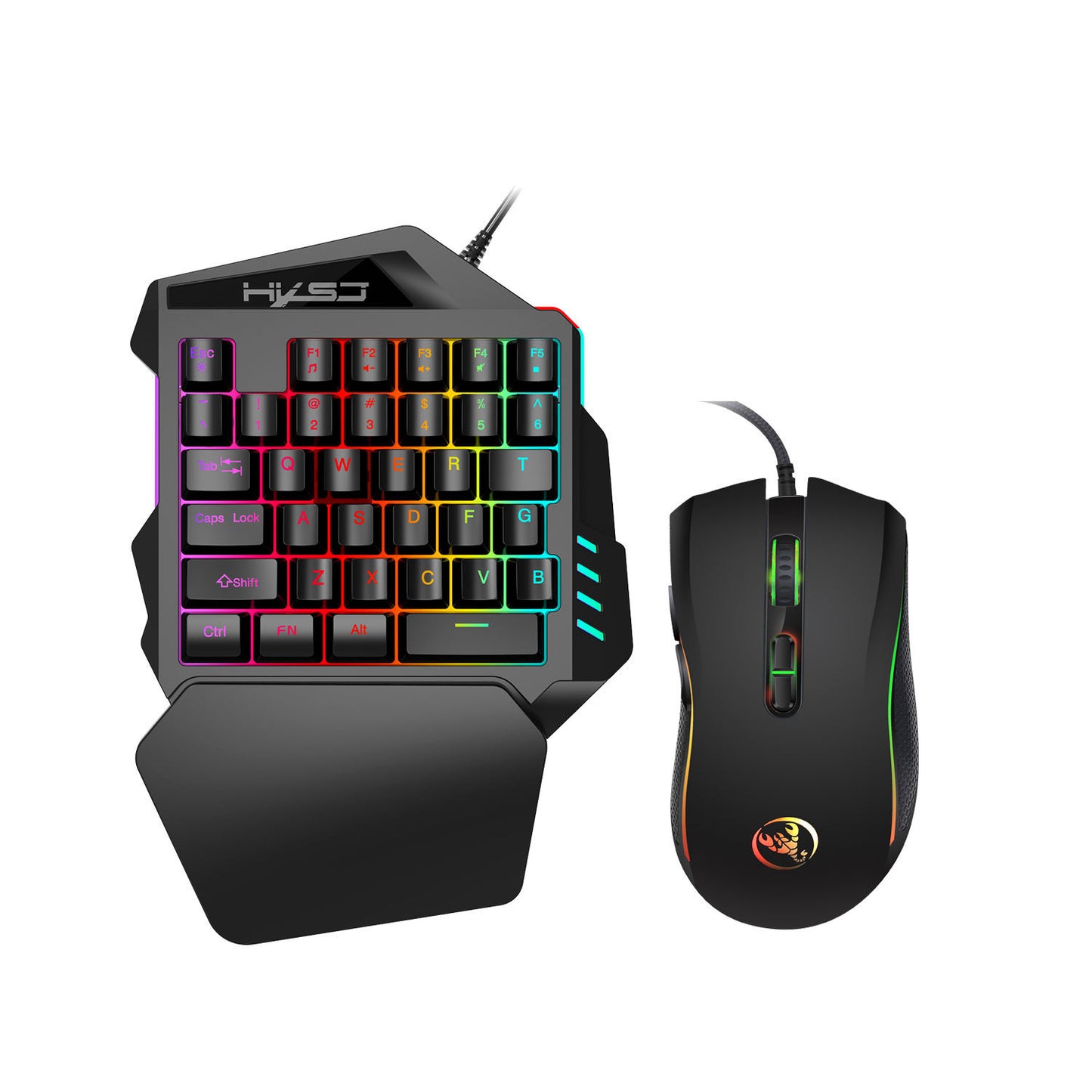 Gaming keyboard and mouse set with RGB lighting on a white background