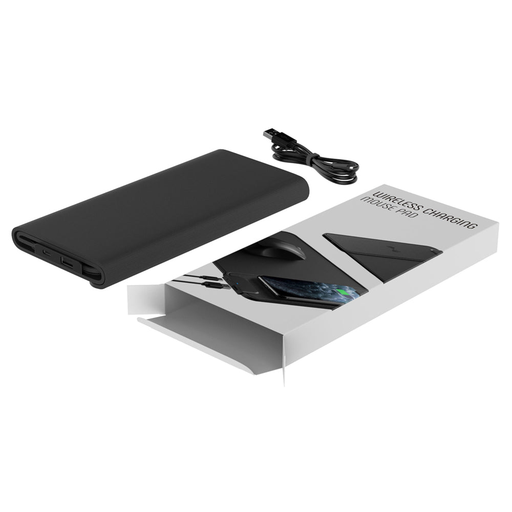 Black wireless charging pad with packaging and cable on a white background