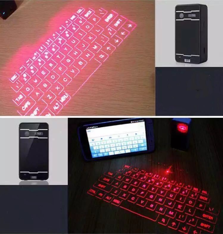 Collage of a virtual laser keyboard on a surface, a device projecting the keyboard, and a smartphone with the keyboard displayed.