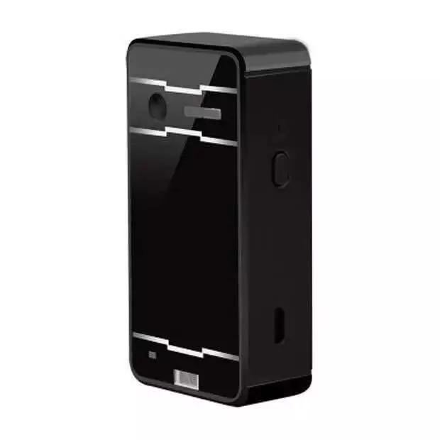 Black electronic device with metallic accents on a white background