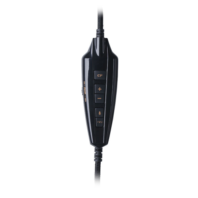 Black audio control device with buttons on a white background