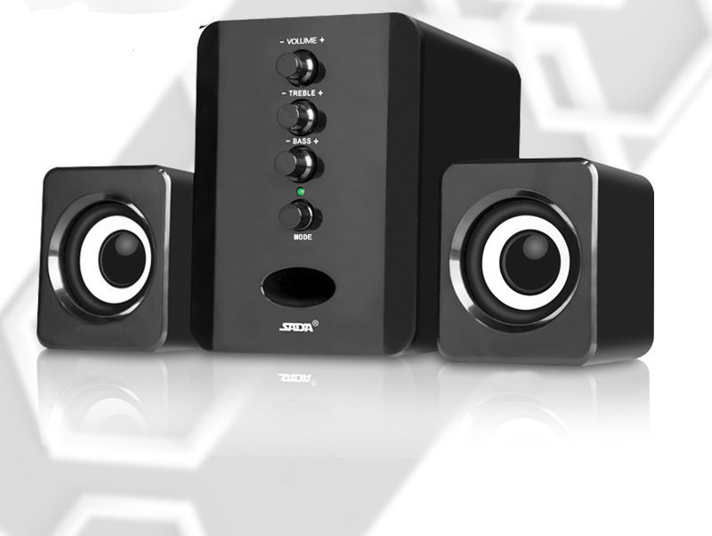 Set of three black speakers on a white background