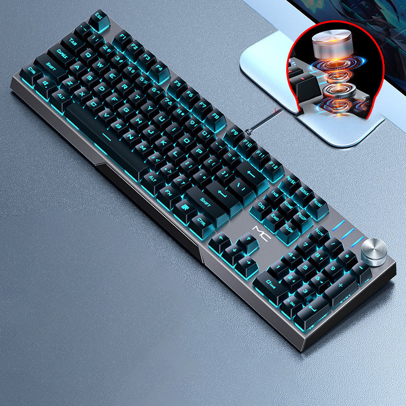 Mechanical keyboard with blue backlighting on a gray surface, inset showing a close-up of the keyboard's switch.