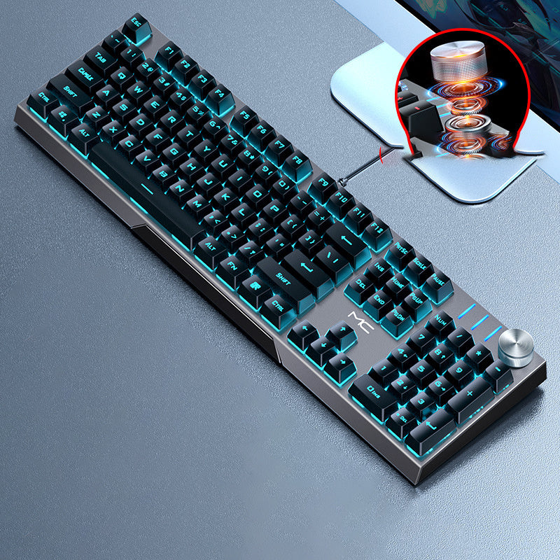 Mechanical keyboard with blue backlighting on a gray surface, inset showing cooling system.