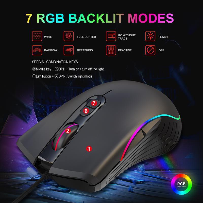 Gaming mouse with RGB backlight modes on a dark background