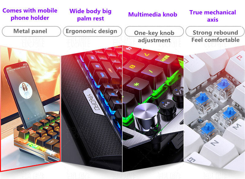 Mechanical keyboard with features highlighted on a white background