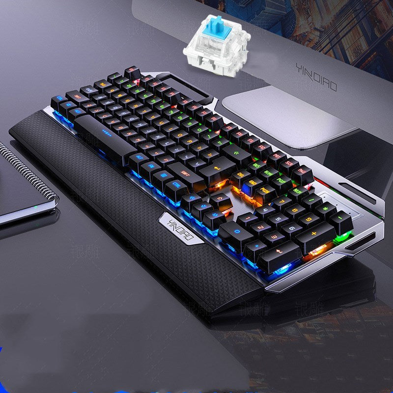 Mechanical keyboard with RGB lighting on a desk, featuring a YINIOFO brand label.