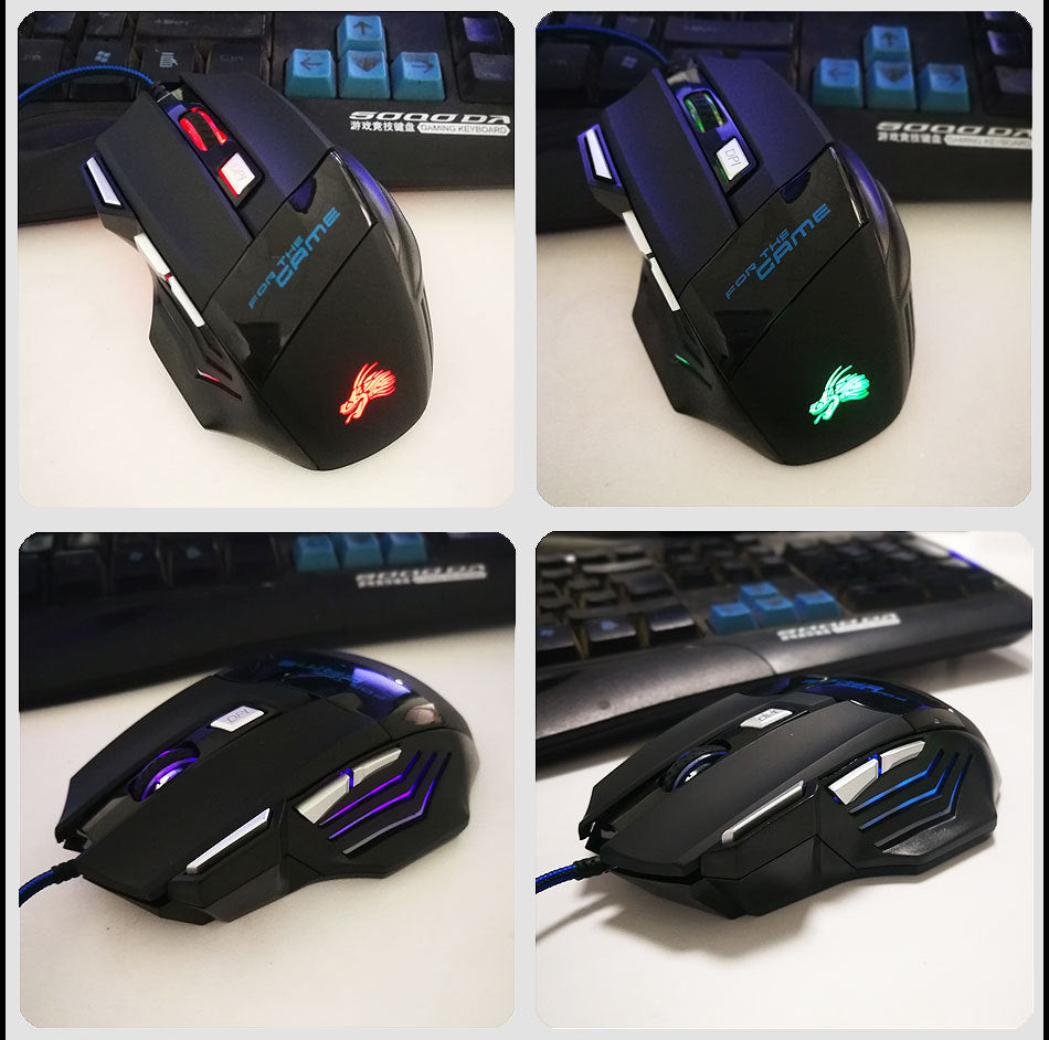 Collage of four images showing different gaming mice with colorful LED lighting on a white background.