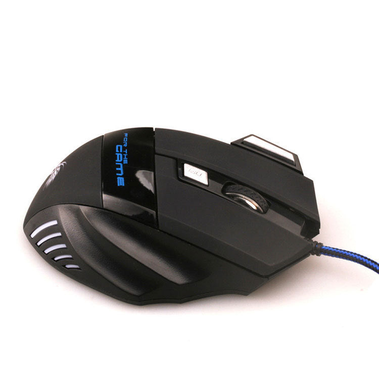 Black gaming mouse with blue LED lighting on a white background