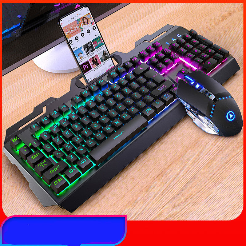 Gaming keyboard and mouse set with RGB lighting on a wooden desk.