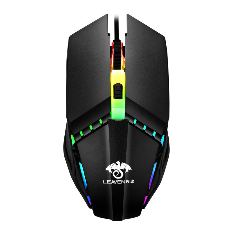 Gaming mouse with RGB lighting on a white background, featuring the LEAVEN brand.