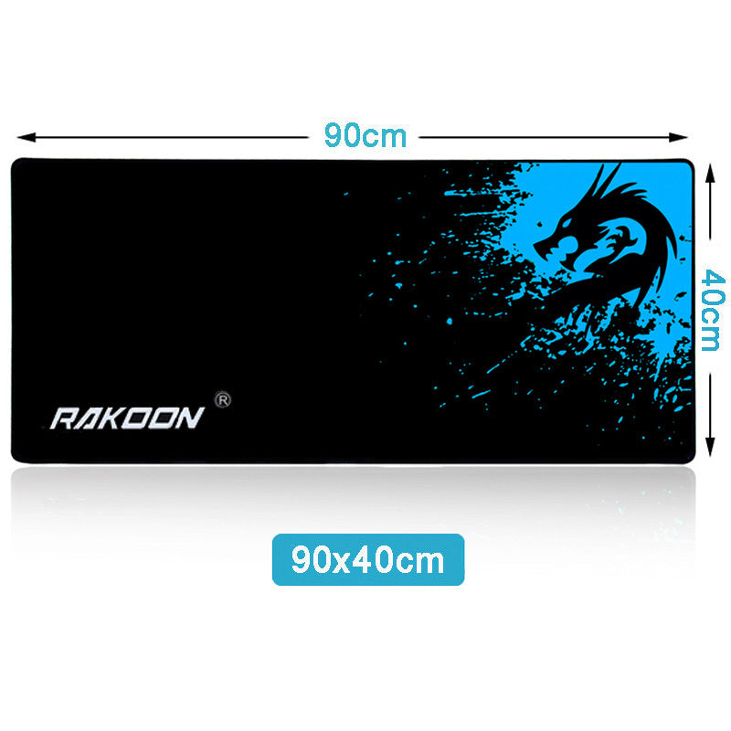 Gaming mouse pad with dragon design and Rakoon branding, showing dimensions.