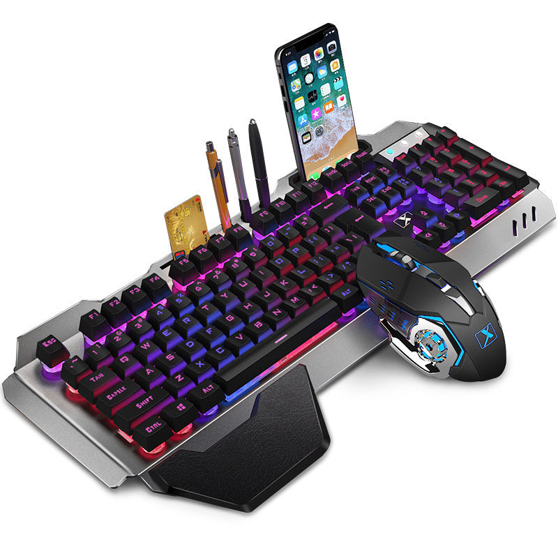 Gaming keyboard and mouse set with smartphone stand on a white background