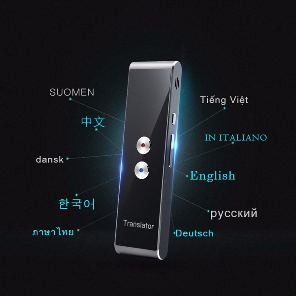 Multilingual translation device with language options on a black background