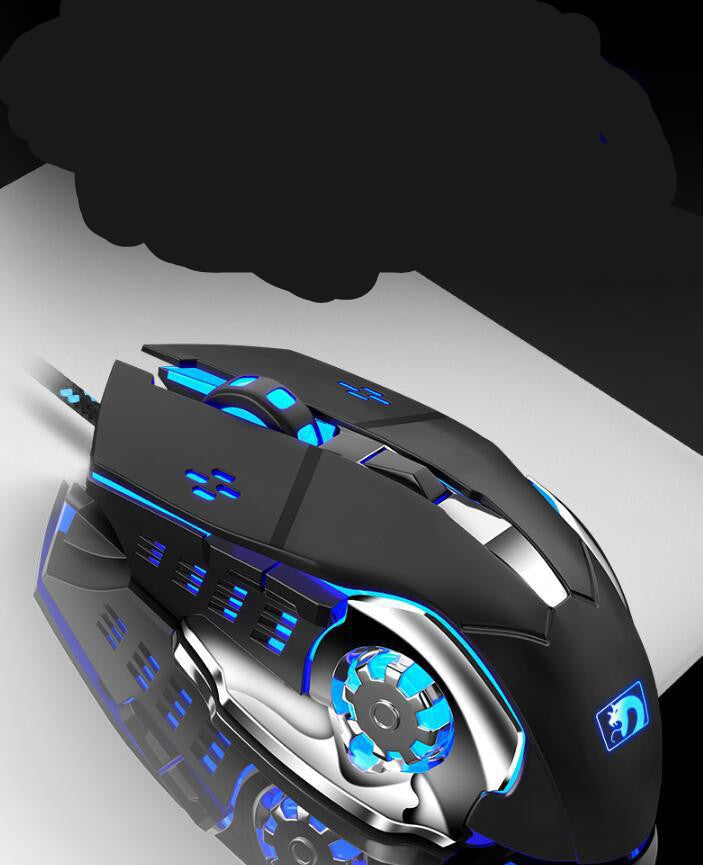Gaming mouse with blue LED lights on a white background