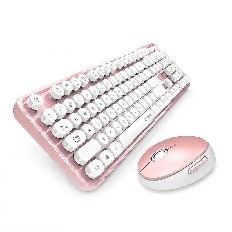 Pink and white keyboard and mouse set on a white background