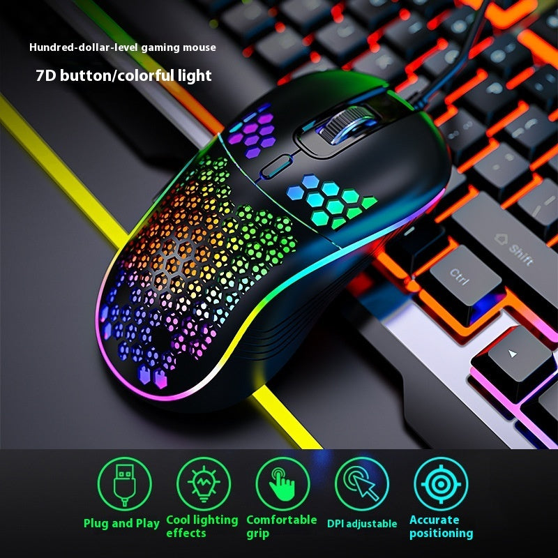 Gaming mouse with colorful LED lights on a keyboard background