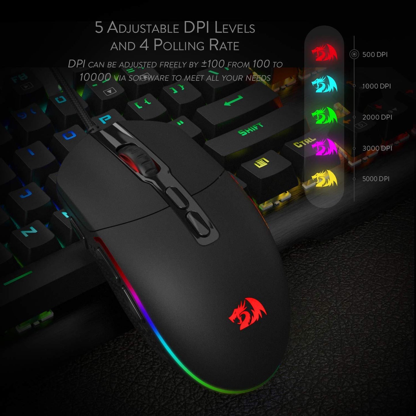 Gaming mouse with RGB lighting on a keyboard, highlighting adjustable DPI levels.