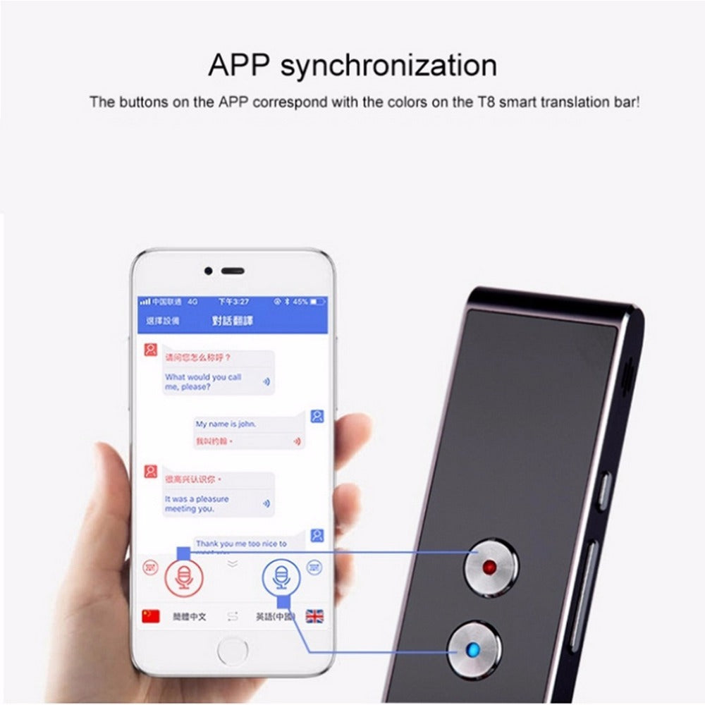 Smart translation bar with app synchronization text and phone displaying translation app interface.