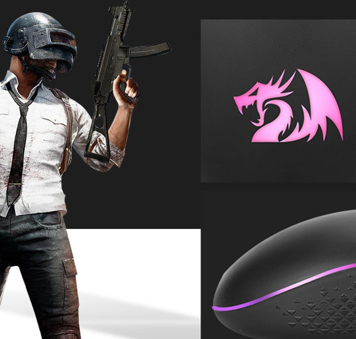 Gamer character holding a rifle with a pink dragon logo and gaming mouse.