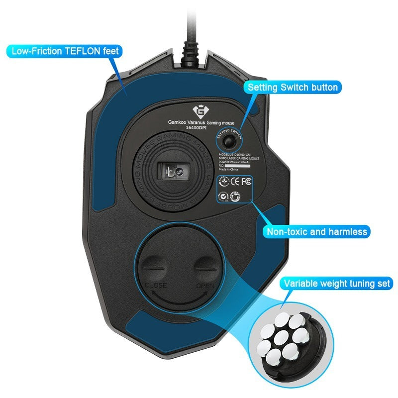 Gaming mouse with features highlighted on a white background