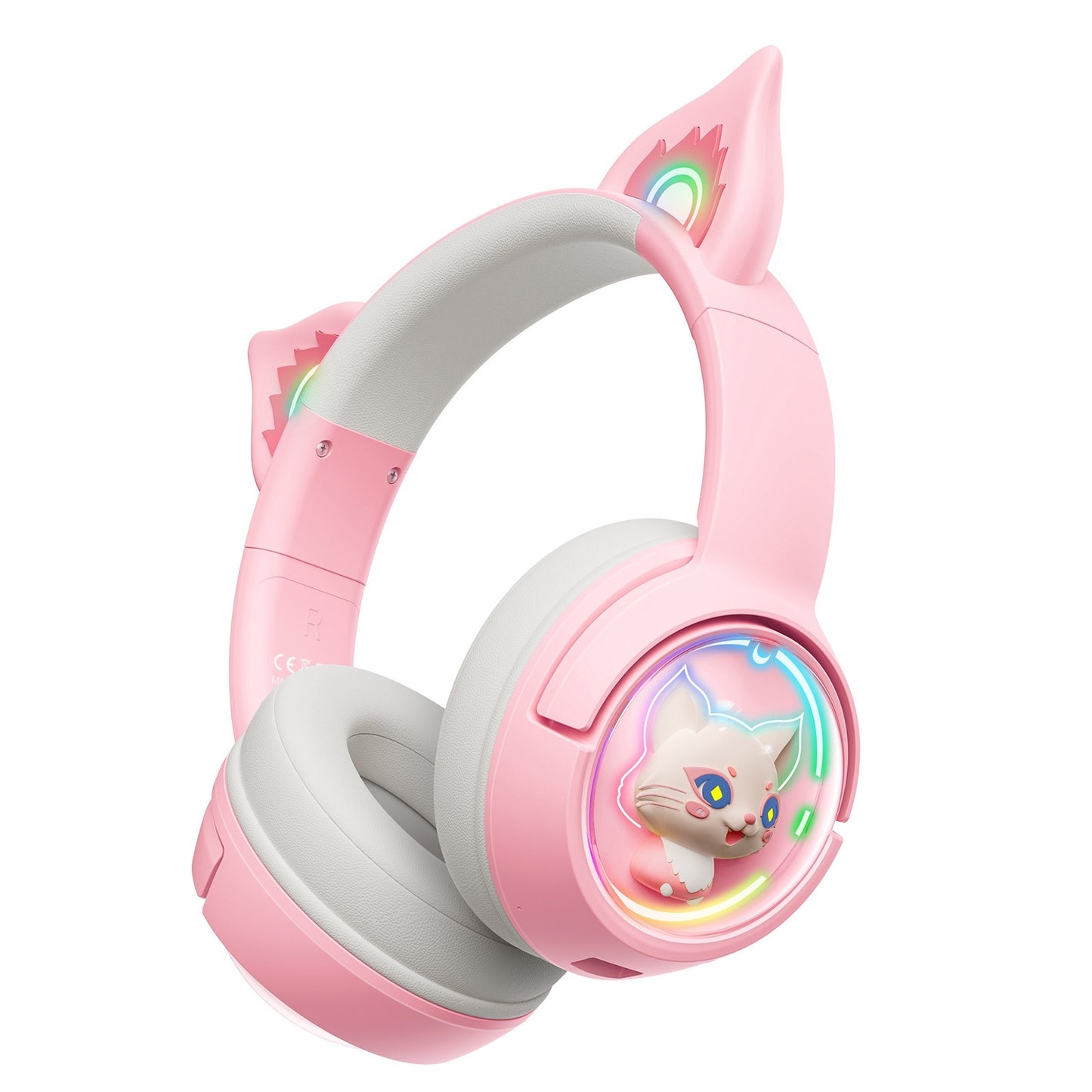 Pink headphones with cat ear design and character illustration on a white background