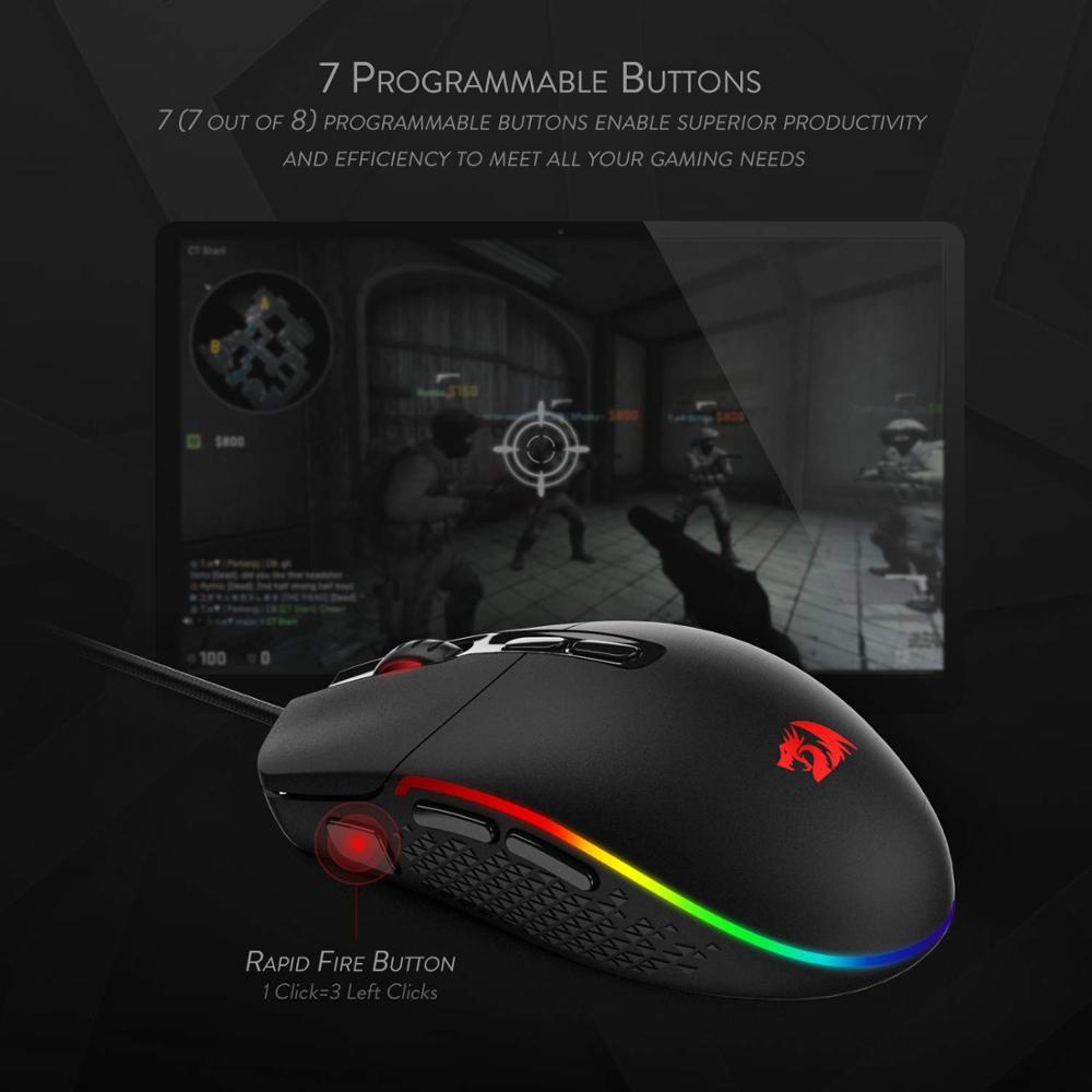 Gaming mouse with RGB lighting on a dark background, showing a gaming scene on a screen.