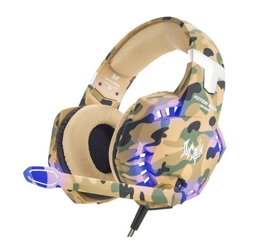 Camouflage gaming headset with RGB lighting on a white background