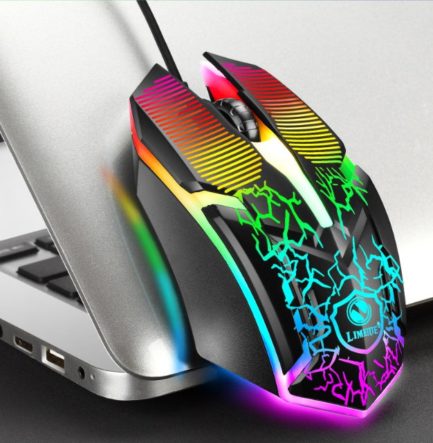 Gaming mouse with colorful LED lights on a laptop