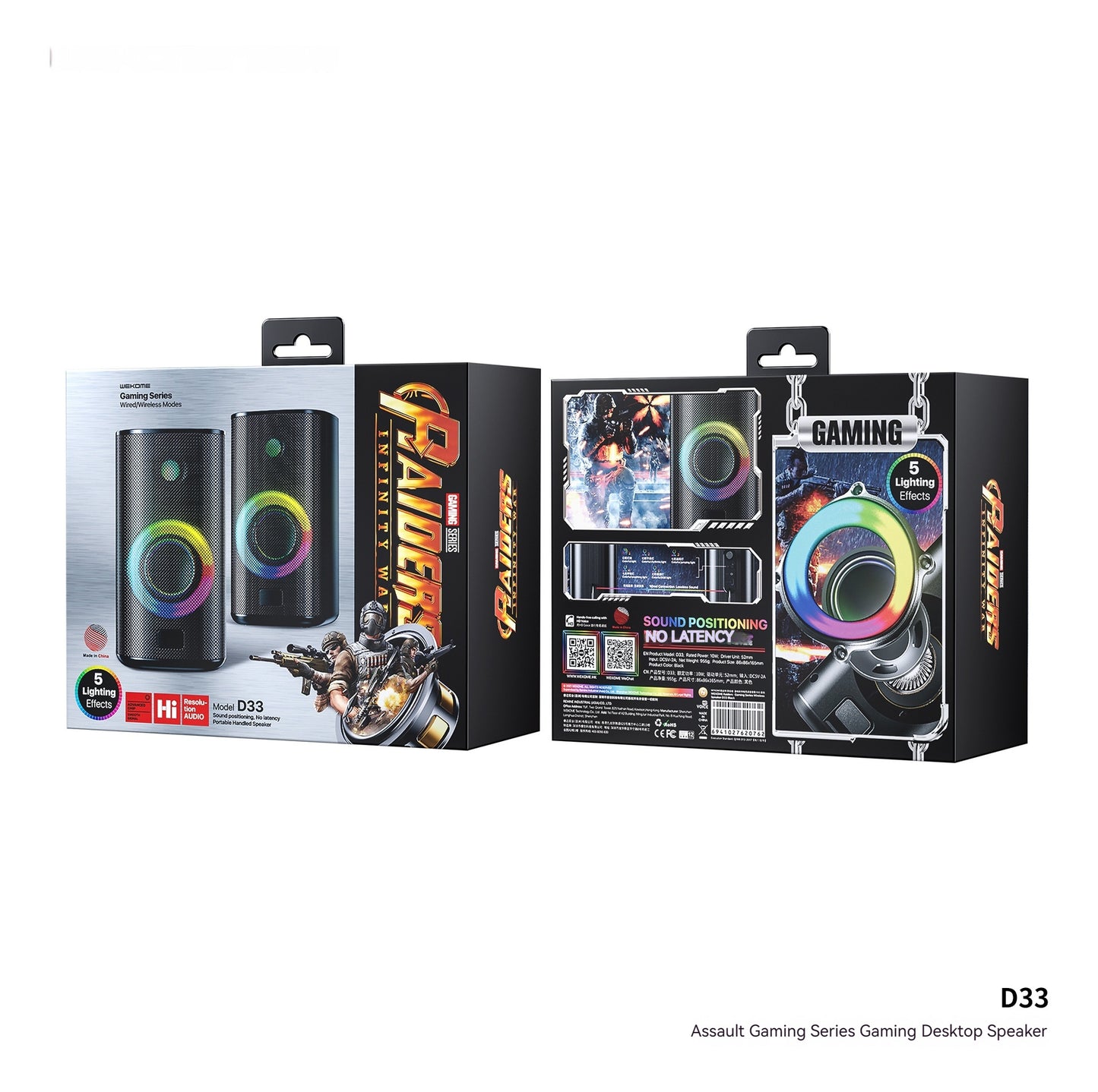 Assortment of gaming speakers with their packaging on a white background